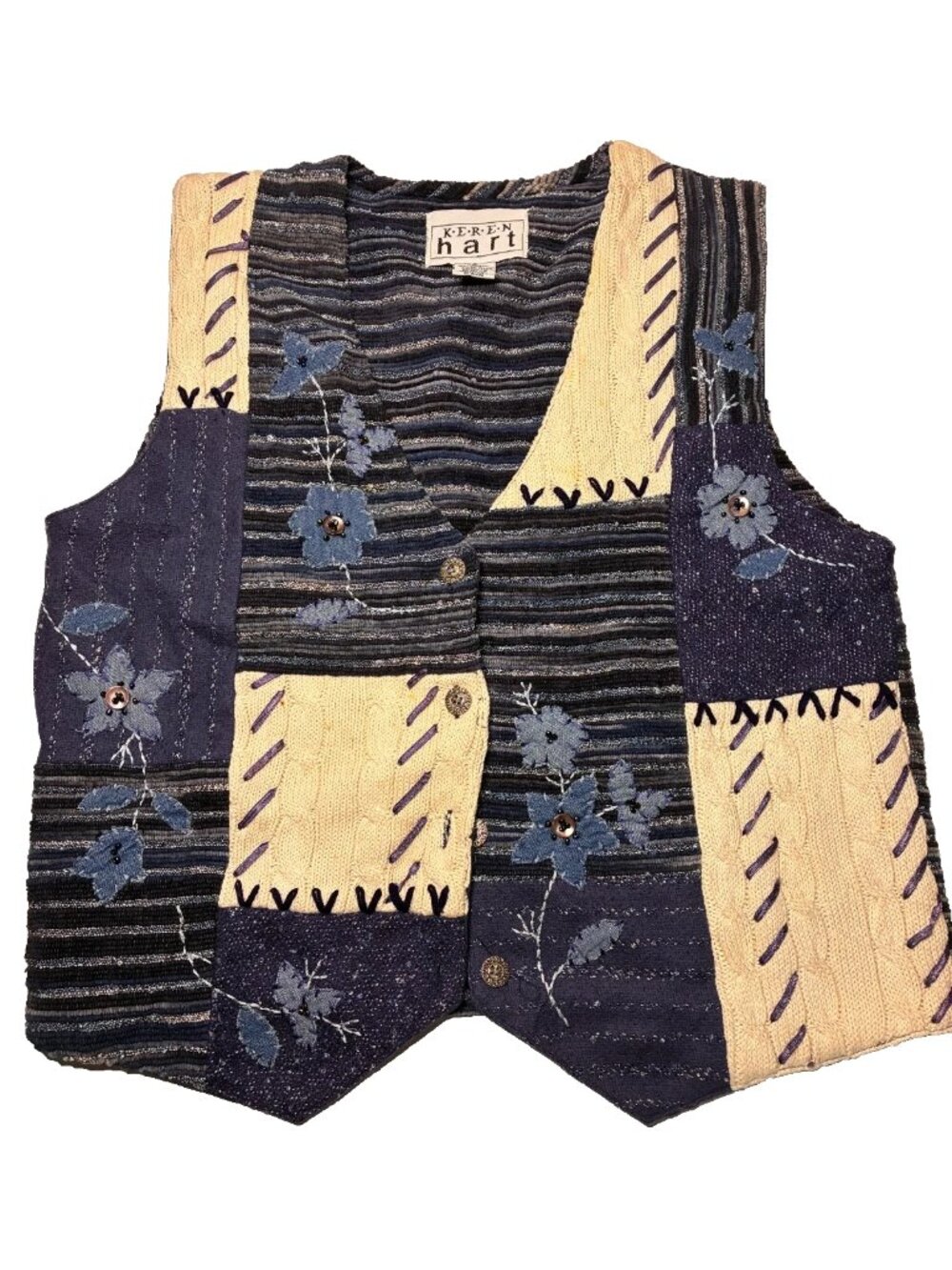 Keren Hart Y2K Vest S Blue Patchwork 90’s Floral Embroidered Grandma Core